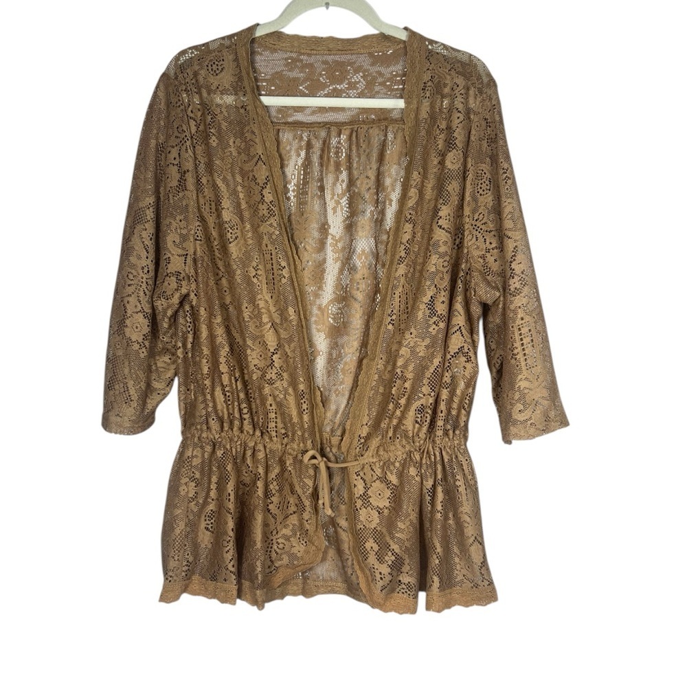 Vintage Cervelle Beige Sheer Lace Kimono Cinch Waist Cardigan L/XL